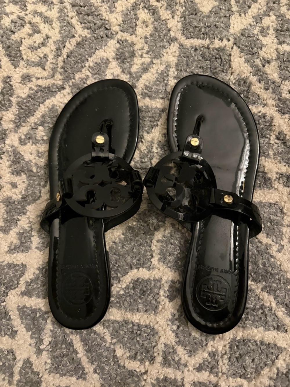 Tory Burch Black Patent Miller Thong Sandals with Logo Medallion